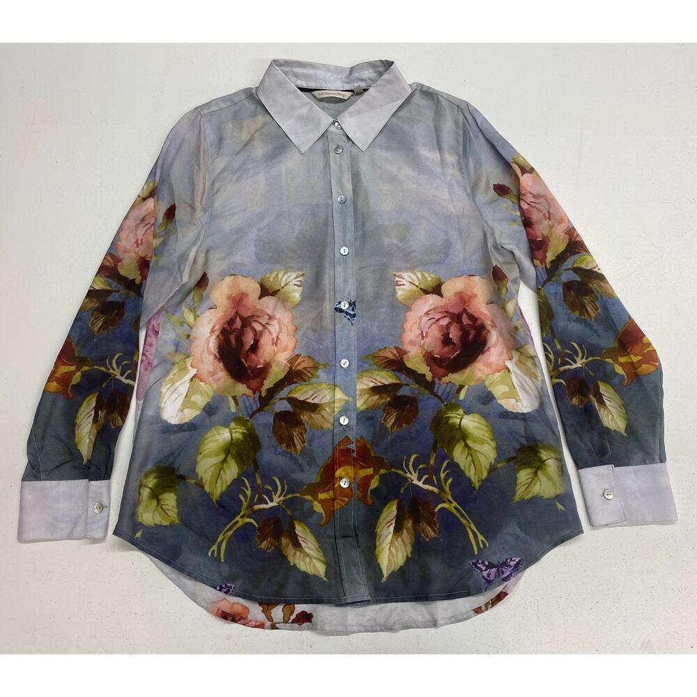 Women Soft Surroundings 100% silk floral graphic button up shirt blouse top M - Picture 1 of 5